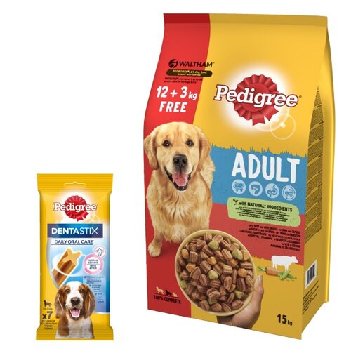 Karma dla psa PEDIGREE Wołowina 15 kg + Przysmak dla psa PEDIGREE Dentastix Medium 180 g