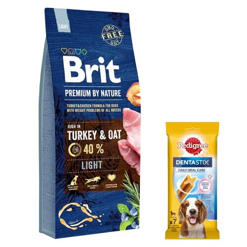 Karma dla psa BRIT Premium By Nature Light Indyk z owsem 15 kg + Przysmak dla psa PEDIGREE Dentastix Medium 180 g