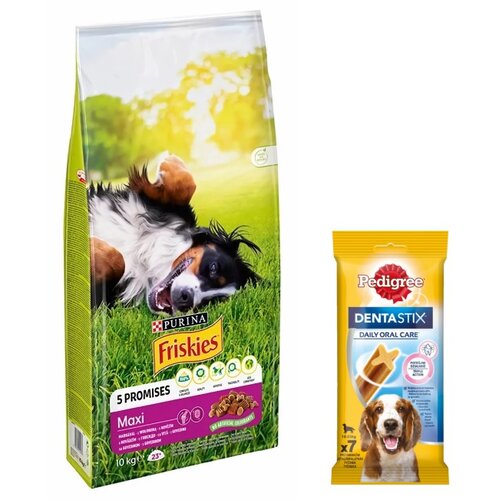 Karma dla psa FRISKIES Maxi Wołowina z warzywami 10 kg + Przysmak dla psa PEDIGREE Dentastix Medium 180 g