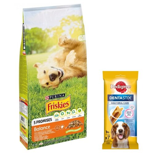 Karma dla psa FRISKIES Balance Kurczakiem z warzywami 15 kg + Przysmak dla psa PEDIGREE Dentastix Medium 180 g