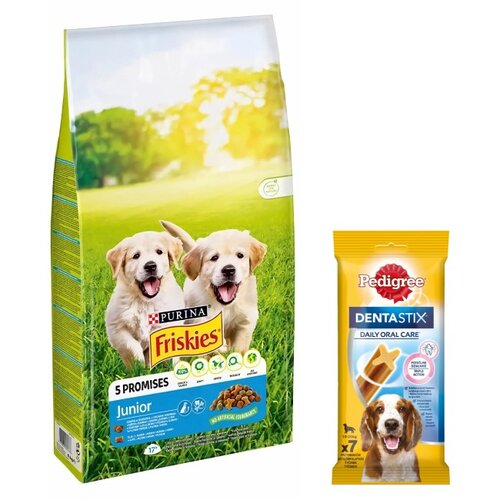 Karma dla psa FRISKIES Junior Vitafit Kurczak z warzywami 15 kg + Przysmak dla psa PEDIGREE Dentastix Medium 180 g