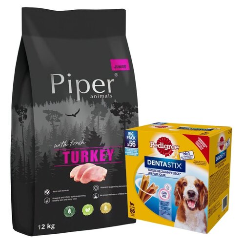 Karma dla psa PIPER Junior z indykiem 12 kg+ Przysmak dla psa PEDIGREE Dentastix Daily Oral Care (8 x 180 g)