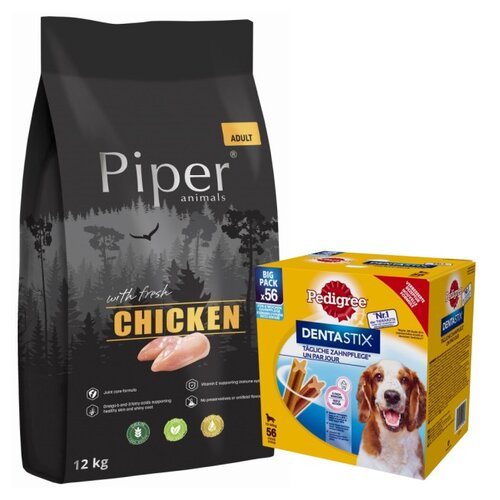Karma dla psa PIPER Animals z kurczakiem 12 kg + Przysmak dla psa PEDIGREE Dentastix Daily Oral Care (8 x 180 g)