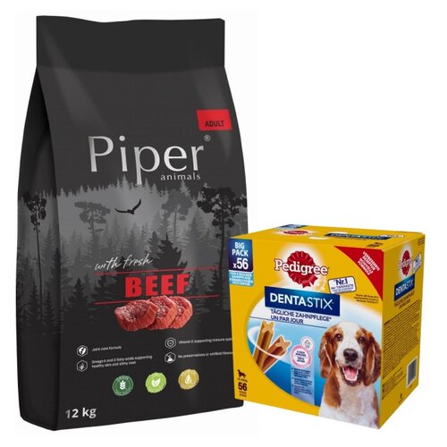 Karma dla psa PIPER Animals z wołowiną 12 kg + Przysmak dla psa PEDIGREE Dentastix Daily Oral Care (8 x 180 g)