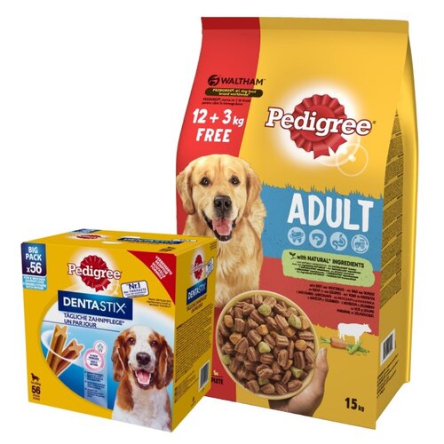 Karma dla psa PEDIGREE Wołowina 15 kg + Przysmak dla psa PEDIGREE Dentastix Daily Oral Care (8 x 180 g)