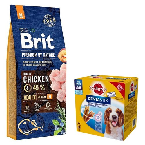 Karma dla psa BRIT Premium By Nature Kurczak 15 kg + Przysmak dla psa PEDIGREE Dentastix Daily Oral Care (8 x 180 g)