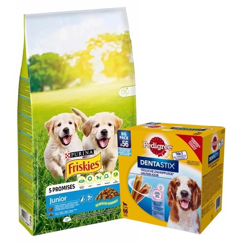 Karma dla psa FRISKIES Junior Vitafit Kurczak z warzywami 15 kg + Przysmak dla psa PEDIGREE Dentastix Daily Oral Care (8 x 180 g)