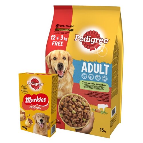 Karma dla psa PEDIGREE Wołowina 15 kg + Przysmak dla psa PEDIGREE Markies 500 g