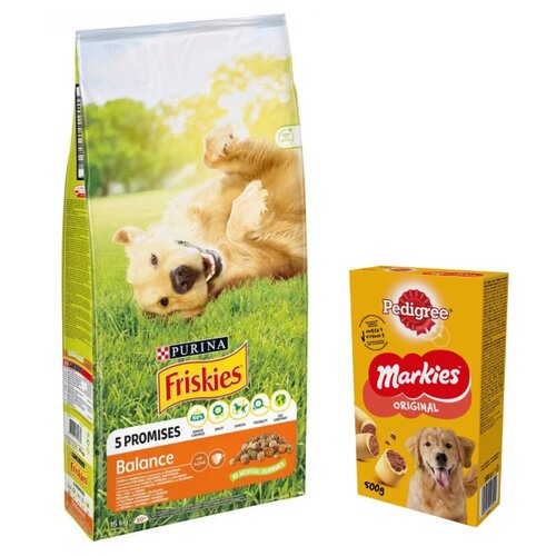 Karma dla psa FRISKIES Balance Kurczakiem z warzywami 15 kg + Przysmak dla psa PEDIGREE Markies 500 g