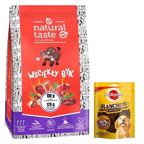 Karma dla psa NATURAL TASTE Wściekły Byk 5 kg + Przysmak dla psa PEDIGREE Ranchos Originals Kurczak 70 g