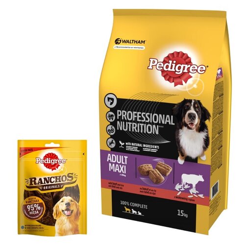 Karma dla psa PEDIGREE Professional Nutrition Adult Maxi Wołowina 15 kg + Przysmak dla psa PEDIGREE Ranchos Originals Kurczak 70 g
