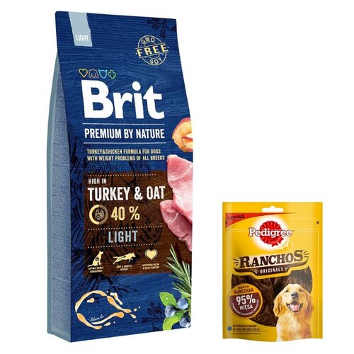 Karma dla psa BRIT Premium By Nature Light Indyk z owsem 15 kg + Przysmak dla psa PEDIGREE Ranchos Originals Kurczak 70 g