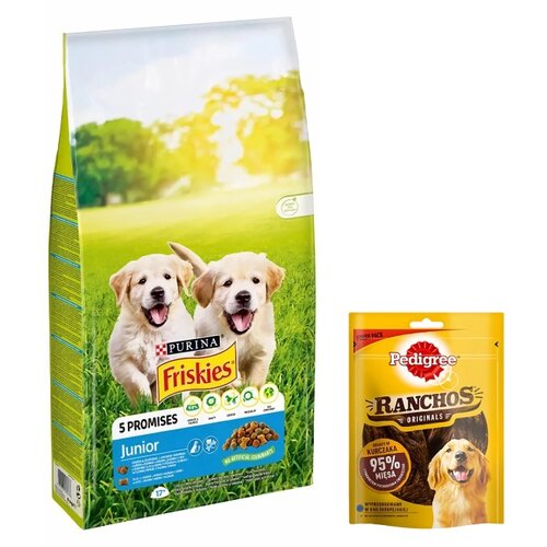 Karma dla psa FRISKIES Junior Vitafit Kurczak z warzywami 15 kg + Przysmak dla psa PEDIGREE Ranchos Originals Kurczak 70 g