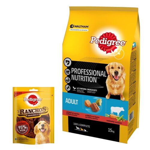 Karma dla psa PEDIGREE Professional Nutrition Adult Wołowina 15 kg + Przysmak dla psa PEDIGREE Ranchos Originals Wołowina 70 g
