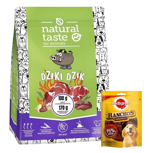Karma dla psa NATURAL TASTE Dziki Dzik 5 kg + Przysmak dla psa PEDIGREE Ranchos Originals Wołowina 70 g