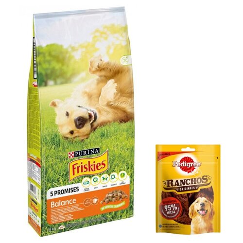 Karma dla psa FRISKIES Balance Kurczakiem z warzywami 15 kg + Przysmak dla psa PEDIGREE Ranchos Originals Wołowina 70 g