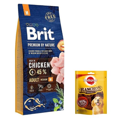 Karma dla psa BRIT Premium By Nature Kurczak 15 kg + Przysmak dla psa PEDIGREE Ranchos Originals Wołowina 70 g