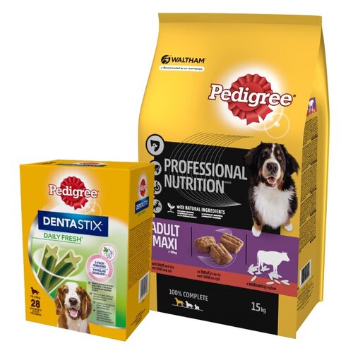 Karma dla psa PEDIGREE Professional Nutrition Adult Maxi Wołowina 15 kg + Przysmak dla psa PEDIGREE Dentastix Daily Fresh (4 x 180 g)