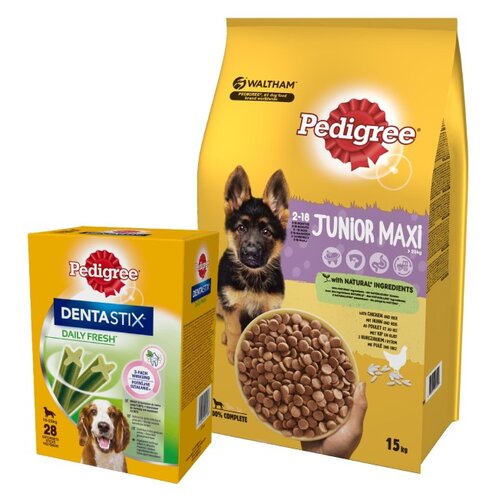 Karma dla psa PEDIGREE Junior Kurczak 15 kg + Przysmak dla psa PEDIGREE Dentastix Daily Fresh (4 x 180 g)