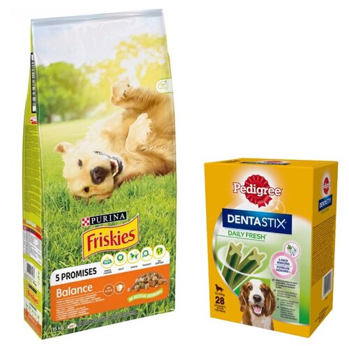 Karma dla psa FRISKIES Balance Kurczakiem z warzywami 15 kg + Przysmak dla psa PEDIGREE Dentastix Daily Fresh (4 x 180 g)