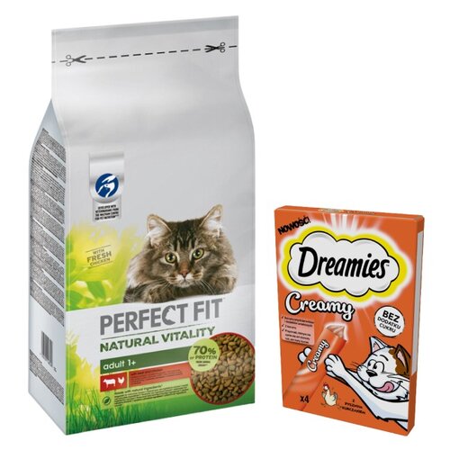 Karma dla kota PERFECT FIT Natural Vitality Wołowina z kurczakiem 6 kg + Przysmak dla kota DREAMIES Creamy Kurczak (4 x 10 g)