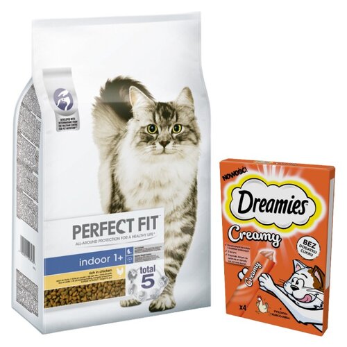 Karma dla kota PERFECT FIT Indoor Kurczak 7 kg + Przysmak dla kota DREAMIES Creamy Kurczak (4 x 10 g)