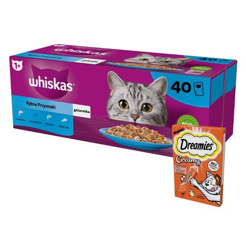 Karma dla kota WHISKAS Rybne Przysmaki (40 x 85 g) + Przysmak dla kota DREAMIES Creamy Kurczak (4 x 10 g)