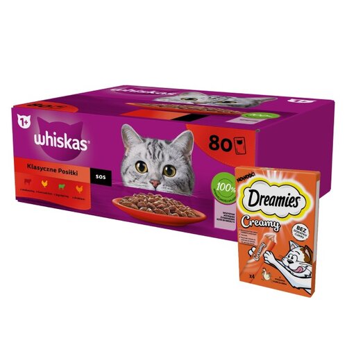 Karma dla kota WHISKAS Mix smaków (80 x 85 g) + Przysmak dla kota DREAMIES Creamy Kurczak (4 x 10 g)