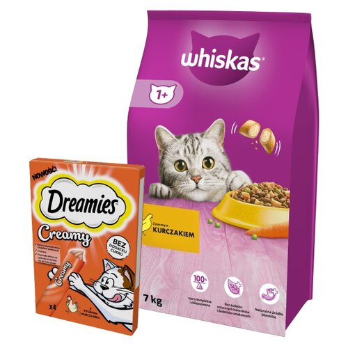 Karma dla kota WHISKAS Kurczak 7 kg + Przysmak dla kota DREAMIES Creamy Kurczak (4 x 10 g)