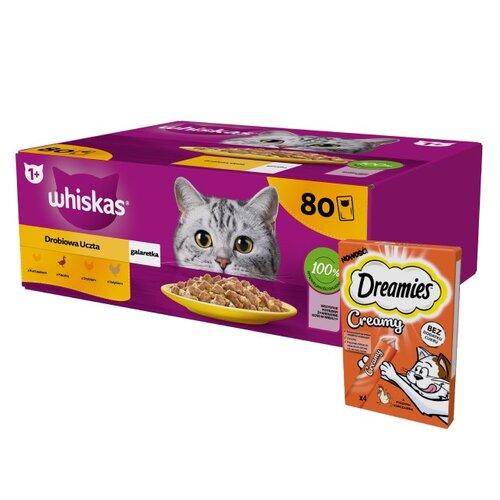 Karma dla kota WHISKAS Drobiowe smaki (80 x 85 g) + Przysmak dla kota DREAMIES Creamy Kurczak (4 x 10 g)