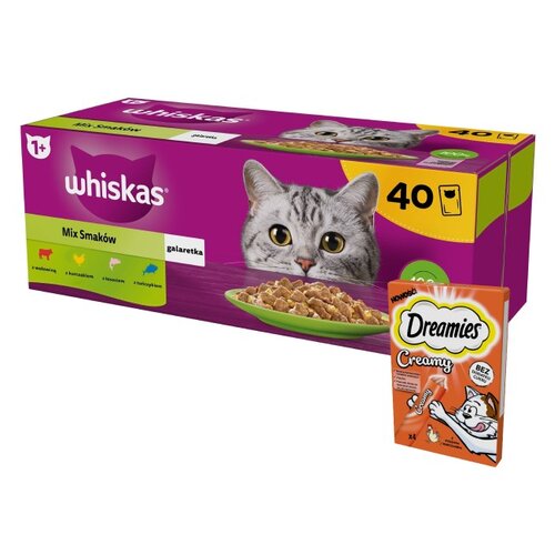 Karma dla kota WHISKAS Mix Smaków (40 x 85 g) + Przysmak dla kota DREAMIES Creamy Kurczak (4 x 10 g)