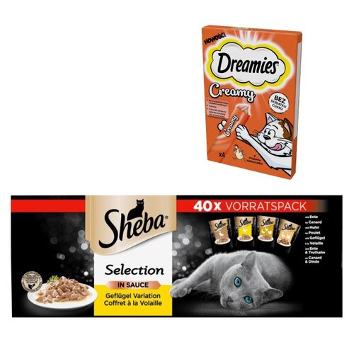 Karma dla kota SHEBA Selection Drobiowe smaki (40 x 85 g) + Przysmak dla kota DREAMIES Creamy Kurczak (4 x 10 g)