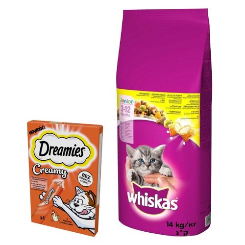 Karma dla kota WHISKAS Junior Kurczak 14 kg + Przysmak dla kota DREAMIES Creamy Kurczak (4 x 10 g)