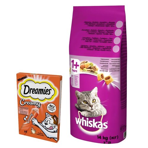 Karma dla kota WHISKAS Wołowina 14 kg + Przysmak dla kota DREAMIES Creamy Kurczak (4 x 10 g)