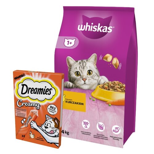 Karma dla kota WHISKAS Kurczak 14 kg + Przysmak dla kota DREAMIES Creamy Kurczak (4 x 10 g)