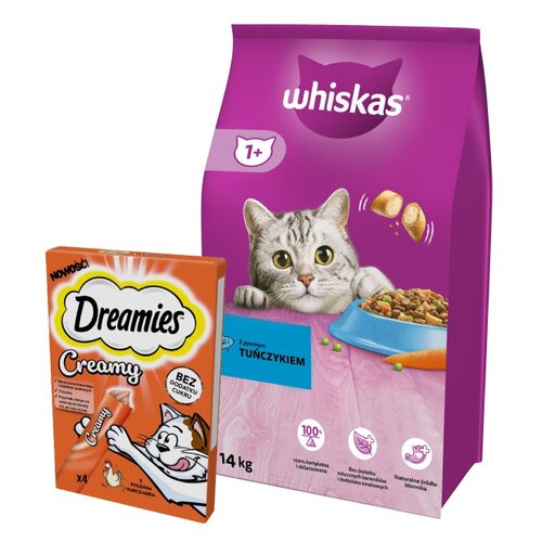 Karma dla kota WHISKAS Tuńczyk z warzywami 14 kg + Przysmak dla kota DREAMIES Creamy Kurczak (4 x 10 g)