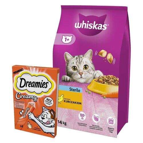 Karma dla kota WHISKAS Sterile Kurczak 14 kg + Przysmak dla kota DREAMIES Creamy Kurczak (4 x 10 g)