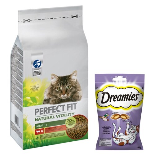 Karma dla kota PERFECT FIT Natural Vitality Wołowina z kurczakiem 6 kg + Przysmak dla kota DREAMIES Kaczka 60 g