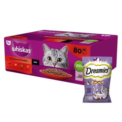Karma dla kota WHISKAS Mix smaków (80 x 85 g) + Przysmak dla kota DREAMIES Kaczka 60 g