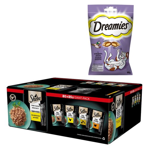 Karma dla kota SHEBA Drobiowe smaki (80 x 85 g) + Przysmak dla kota DREAMIES Kaczka 60 g