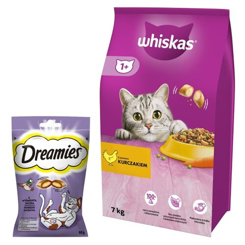Karma dla kota WHISKAS Kurczak 7 kg + Przysmak dla kota DREAMIES Kaczka 60 g