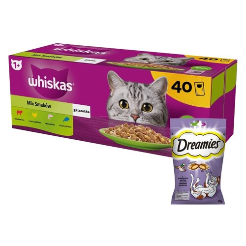 Karma dla kota WHISKAS Mix Smaków (40 x 85 g) + Przysmak dla kota DREAMIES Kaczka 60 g