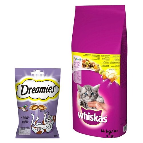 Karma dla kota WHISKAS Junior Kurczak 14 kg + Przysmak dla kota DREAMIES Kaczka 60 g