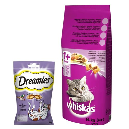 Karma dla kota WHISKAS Wołowina 14 kg + Przysmak dla kota DREAMIES Kaczka 60 g