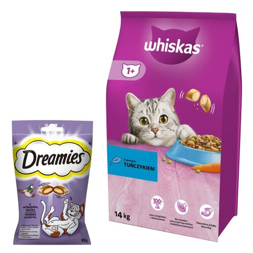 Karma dla kota WHISKAS Tuńczyk z warzywami 14 kg + Przysmak dla kota DREAMIES Kaczka 60 g