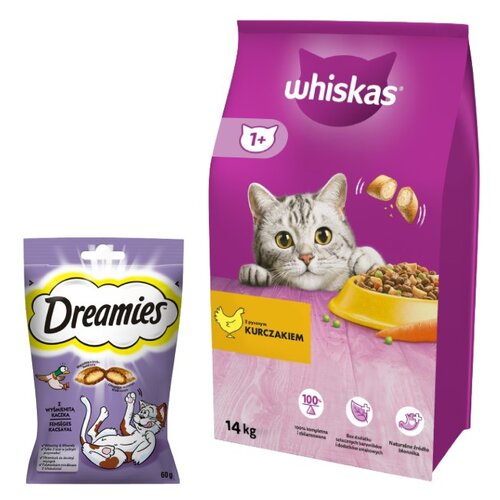 Karma dla kota WHISKAS Kurczak 14 kg + Przysmak dla kota DREAMIES Kaczka 60 g