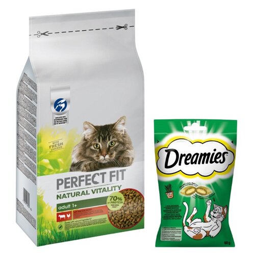 Karma dla kota PERFECT FIT Natural Vitality Wołowina z kurczakiem 6 kg + Przysmak dla kota DREAMIES z Nutą Kocimiętki 60 g