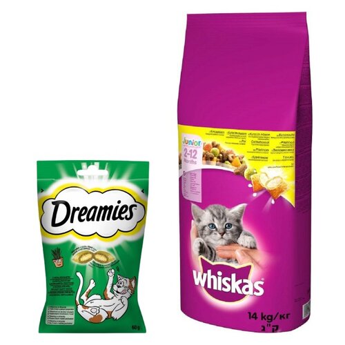 Karma dla kota WHISKAS Junior Kurczak 14 kg + Przysmak dla kota DREAMIES z Nutą Kocimiętki 60 g