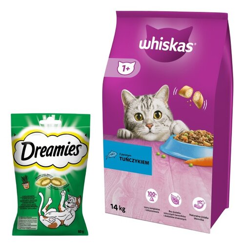 Karma dla kota WHISKAS Tuńczyk z warzywami 14 kg + Przysmak dla kota DREAMIES z Nutą Kocimiętki 60 g