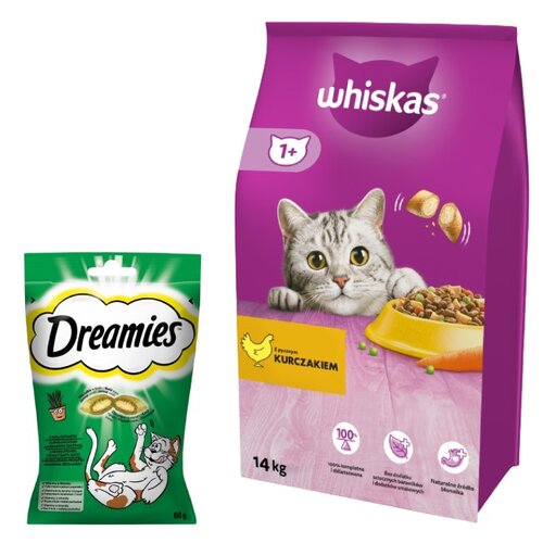 Karma dla kota WHISKAS Kurczak 14 kg + Przysmak dla kota DREAMIES z Nutą Kocimiętki 60 g